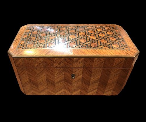 French Nineteenth  Century Marquetry Tea Caddy signed TAHAN