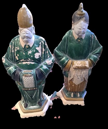 Chinese Ming Dynasty Pair of Glazed Terracotta Figures 14.5 inch.
