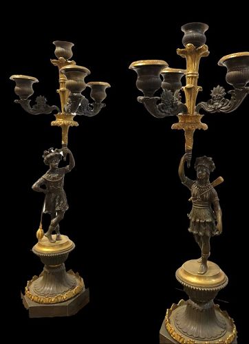 Pair Gilt Bronze Figurative Franco Italian Candelabras 16.5”x6”