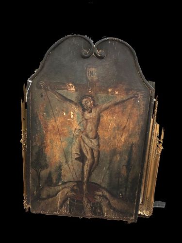 Mexican 18th Century Crucifix  Painting Oil On Panel 45”x28”