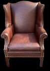 English Queen Anne Style Rosewood Straight leg Leather Wingback Chair