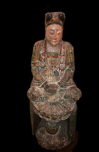Chinese Early Ming Dynesty Guanyin Polychrome Sculpture 33”x 13”