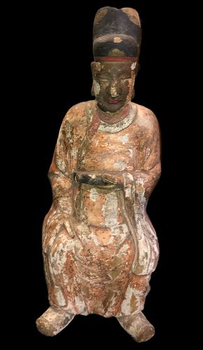 Chinese Ming Dynasty Attendant Polychrome Sculpture c.1600  32”x 12.5”