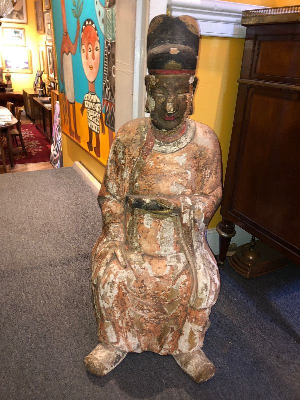 Chinese Ming Dynasty Attendant Polychrome Sculpture c.1600  32”x 12.5”