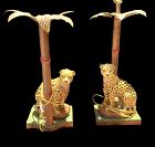 Designer Pair Of Leopard & Palm Tree Porcelain And Brass Work Lamps