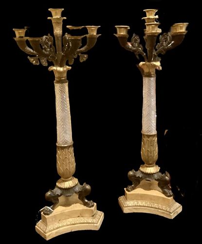 18th Century French Empire Pair Of Gilt Bronze & Crystal Candelabra
