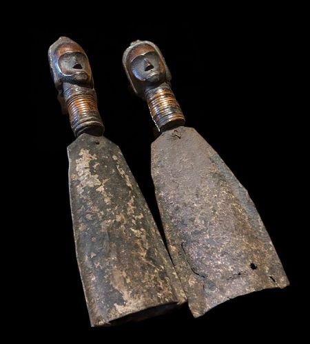 West African Congo Pair Of  Carved As Figures Wood  Bells