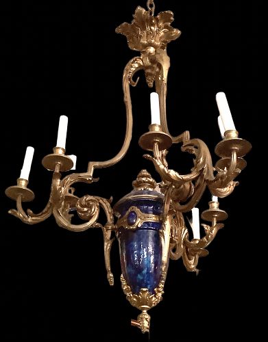 French Louis XV Style  Bronze & Porcelain Chandelier XXth Century