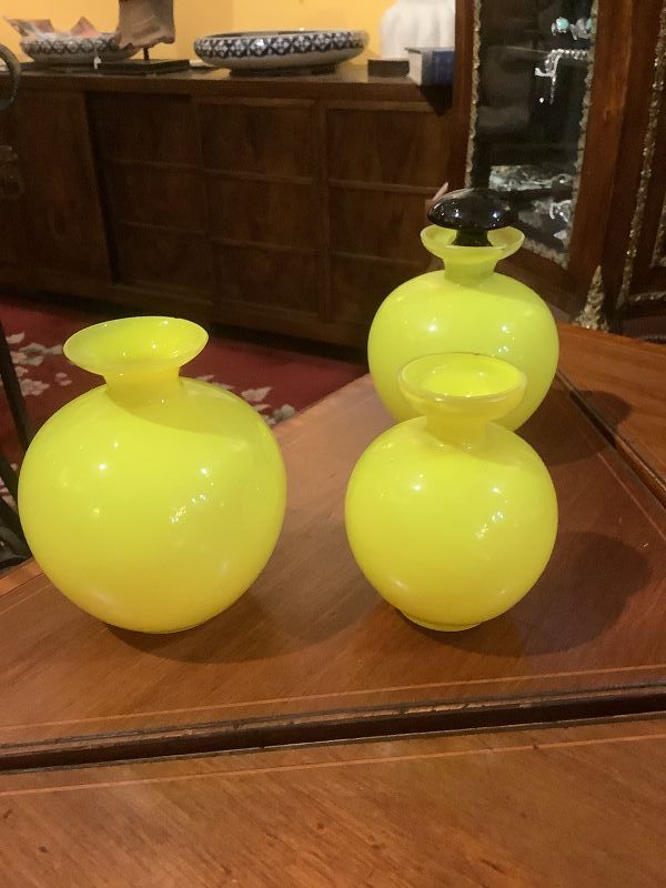 Czech Modern Art Glass Vases Set of Three  Lemon Yellow Color 4”