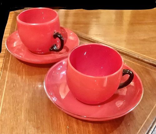 Pair of Czech Mid Century Art Glass Espresso Cups Red
