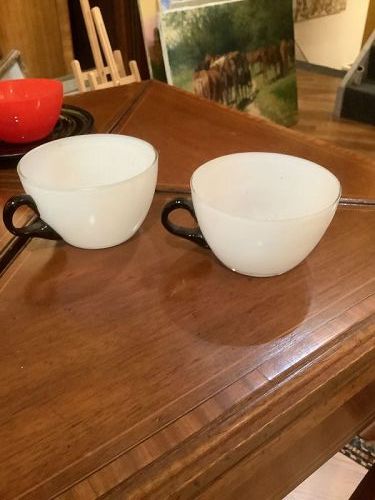 Czech Mid Century Art Glass Cups White With Black Handles