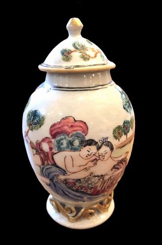 Chinese Qing Dynasty Erotic Scene Miniature Covered Jar 5”
