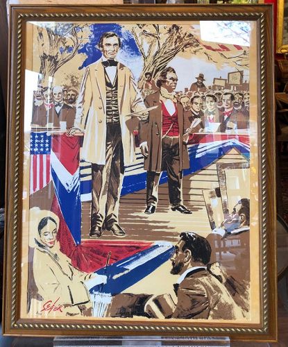 AMERICAN ARTIST SEGER LINOLEUM CUT OF LINCOLN-DOUGLAS DEBATE