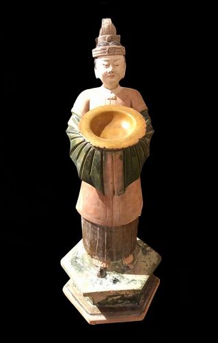 CHINESE MING DYNASTY PORCELAIN ATTENDANT WITH BOWL  17”