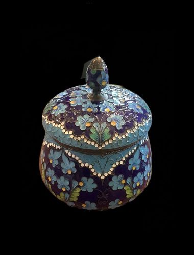 Soviet Era Russian Silver 916 Cloisonné Sugar Bowl Blue Enamel 4"×4"