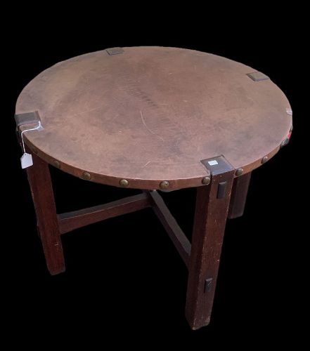 AMERICAN STICKLEY STYLE LEATHER TOP ARTS & CRAFTS TABLE 36" x 28'