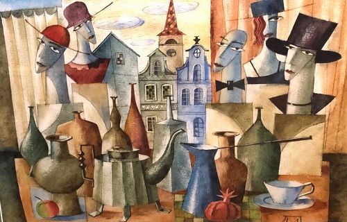 Russian Artist Signed LI,  Cubist  Figures in Watercolor 20” x 24”