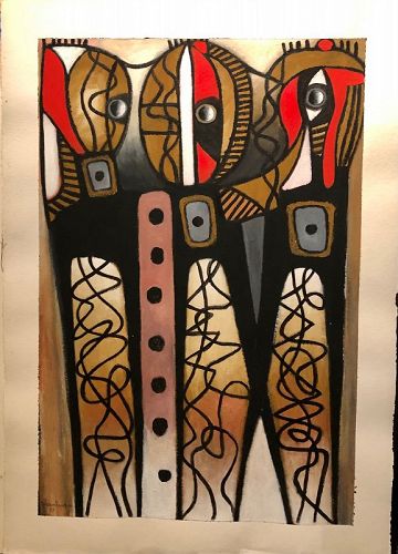 EPHREM KOUAKOU, IVORY COAST ARTIST, “TROIS MEME” MIXED MEDIA 44” x 31”