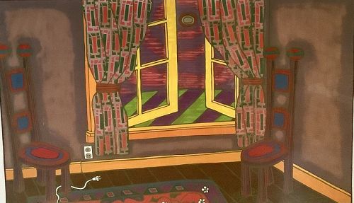 ARTIST SKYLEAR SIGNED LITHOGRAPH INTERIOR SCENE 23” x 34”