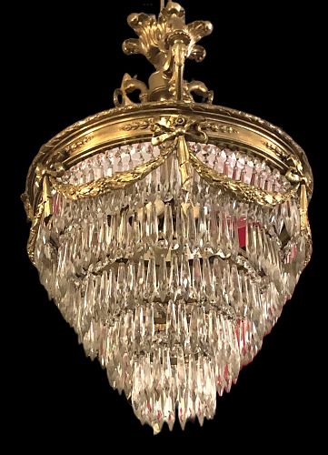 FRENCH 1920s WEDDING CAKE CRYSTAL AND GILT BRONZE CHANDELIER 30”