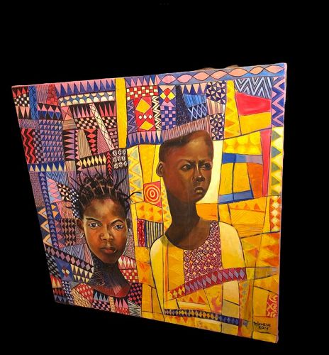 AFRICAN MASTER ARTIST HOLAWEWE “TWO WOMEN” 2017 Oil 45” x 47”
