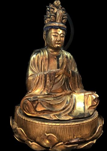 JAPANESE EDO DYNASTY BUDDHA CARVED GILDED WOOD 14”