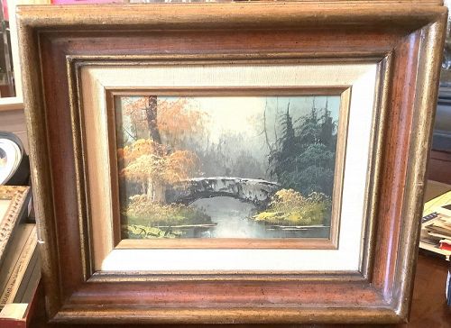 AMERICAN WOODED LANDSCAPE IN OIL, SIGNED 10” x12”