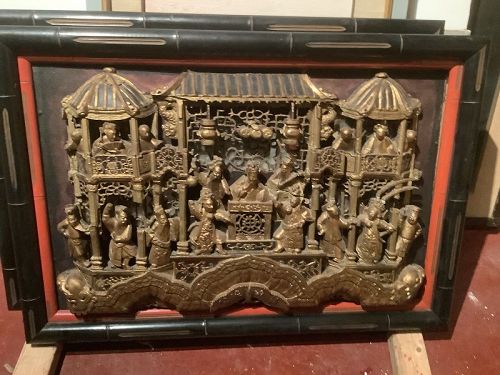 QING DYNASTYNANKING “OPERA II”CARVED  WALL SCULPTURE 21” x 32”