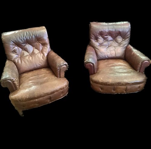 Pair of English Leather  Club Chairs circa 1900 measuring 34” x 34”