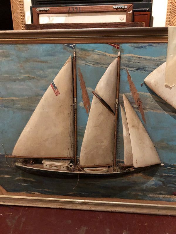 Wall Sculpture & Painting of a Sailing Ship, Circa 1920, 18” x 22”
