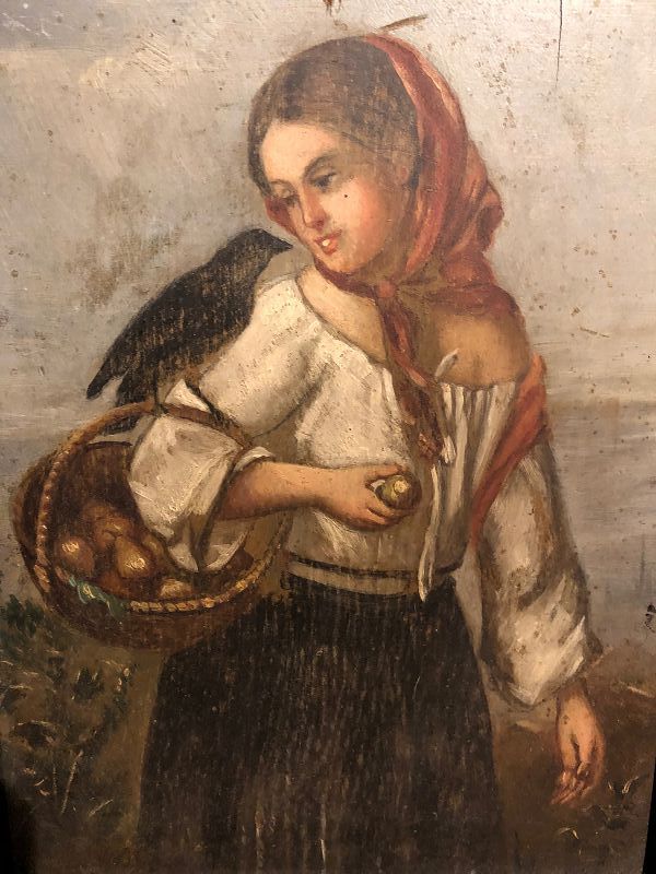 Nineteenth Century Italian Genre Painting, Peasant Woman, Oil 11” x 9”