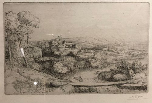Early Nineteenth Century Etching of a Landscape, Framed 12” x 14”