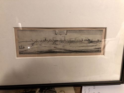 English Seventeenth Century Etching “Townscape” Framed 12” x 17”
