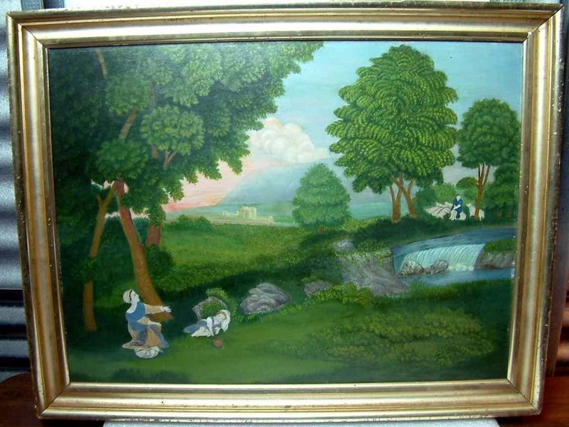 A Wonderful American Idyllic Folk Art Painting   c1840