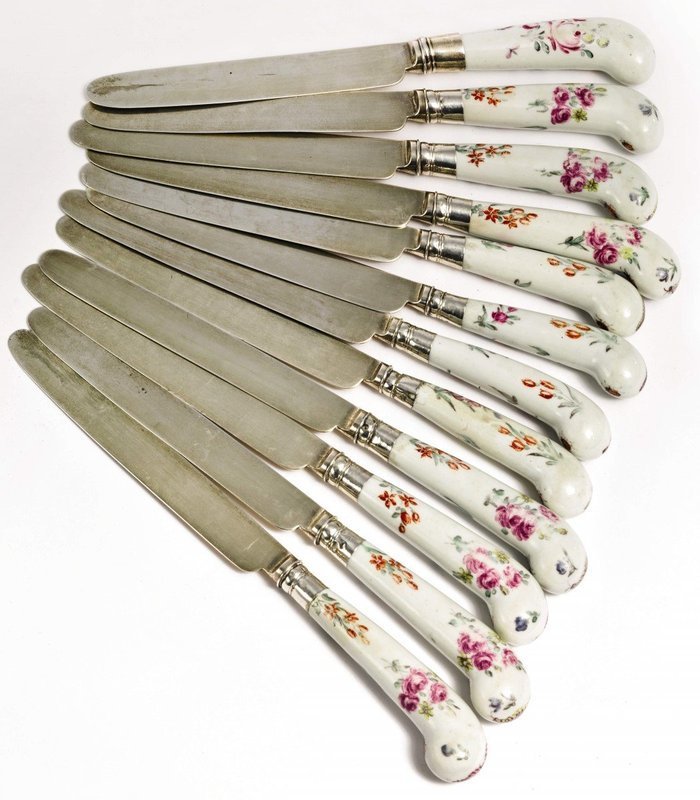 Rare Set of Bow Porcelain Knives (12) with Silver Blades  c1755