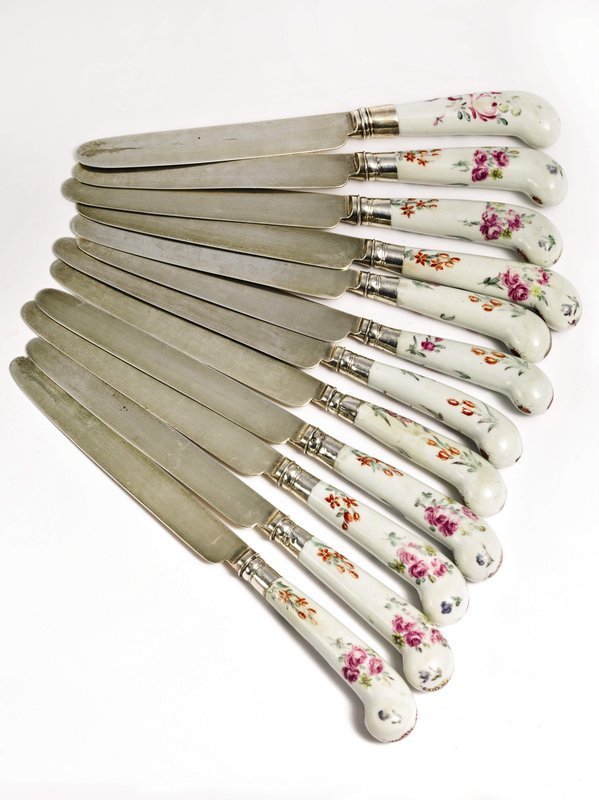 Rare Set of Bow Porcelain Knives (12) with Silver Blades  c1755