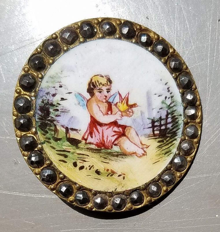 Painted Enamel Cupid Button c1875