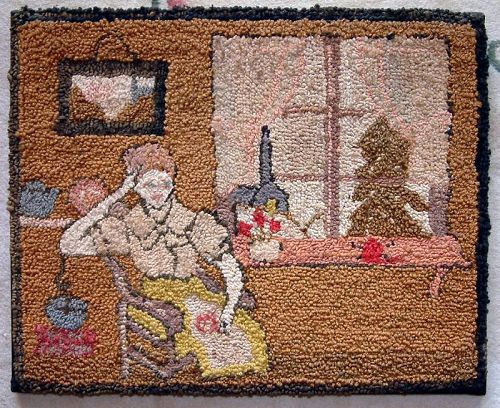Rare Pictorial American Hooked Rug c1890