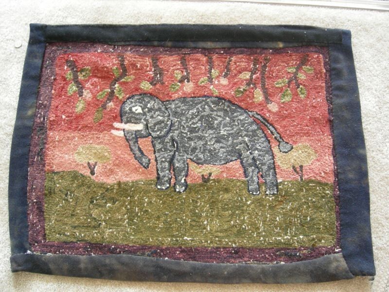 A Rare Hooked Rug of an Elephant c1870