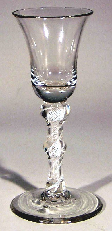 English Antique Wine Glass, 3 Knop Opaque Twist, c 1765