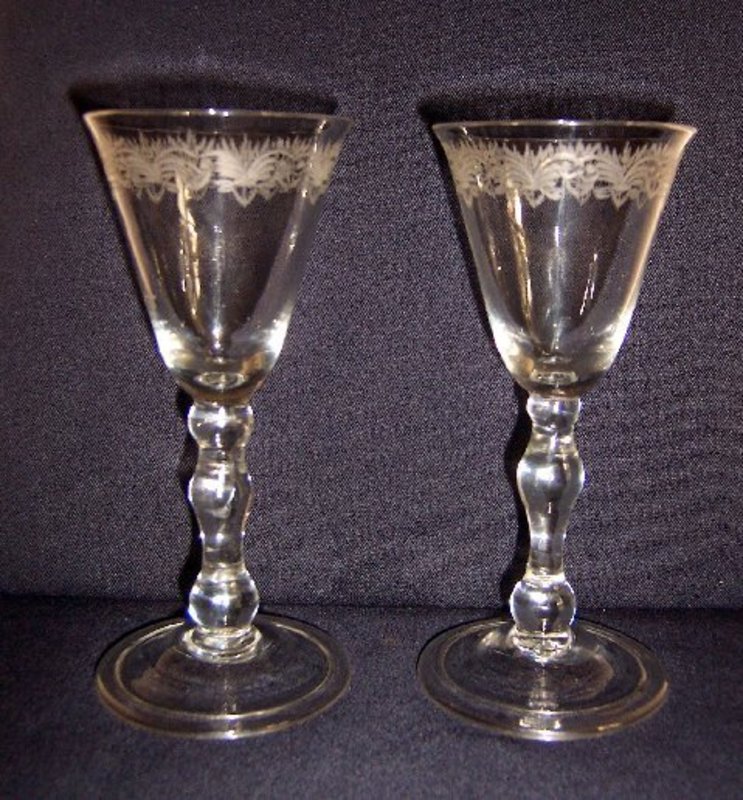 Antique Wine Glasses, Light Balusters, Pair  c  1750