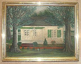 American Folk Art Painting of House  c Mid 19th C