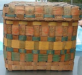 Covered Paint Decorated Splint Basket, Maine  c 1850