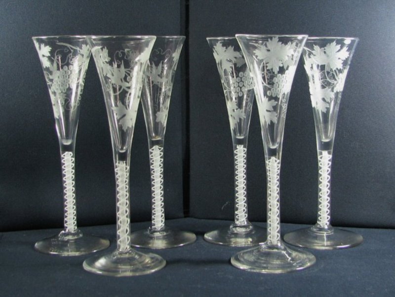 A Set of 6 Antique English Tall Wine Flutes  c1765