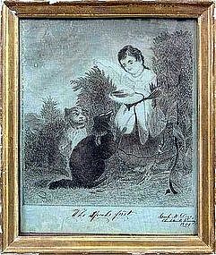 Charming Rare American Folk W/C of Girl and Dogs c1851