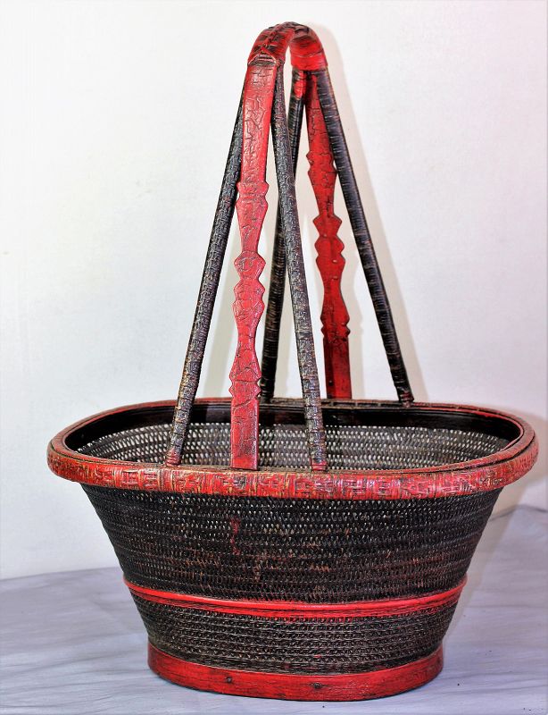 Chinese Bridal Red Lacquered Bamboo Basket with handle