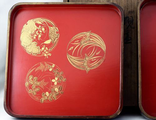 Two(2) Japanese Red Lacquer Trays with signed wooden box