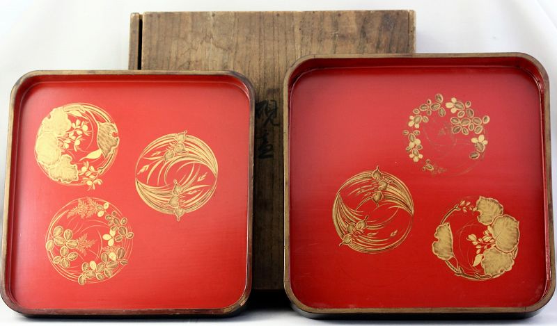 Two(2) Japanese Red Lacquer Trays with signed wooden box