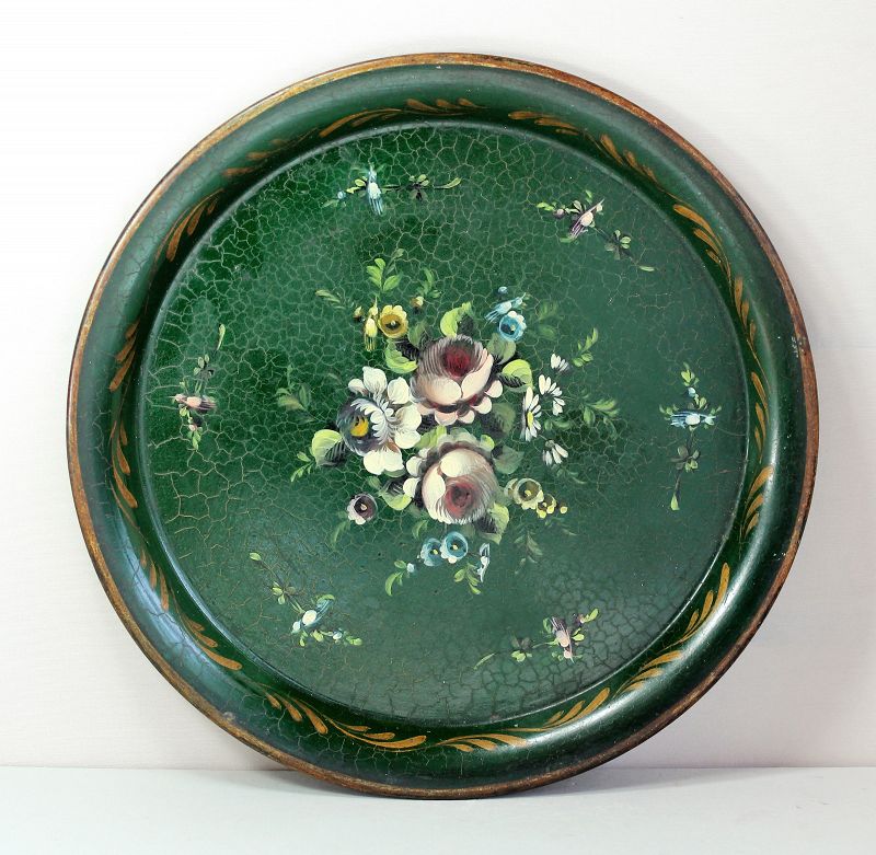 Green Tole Tray with floral decoration