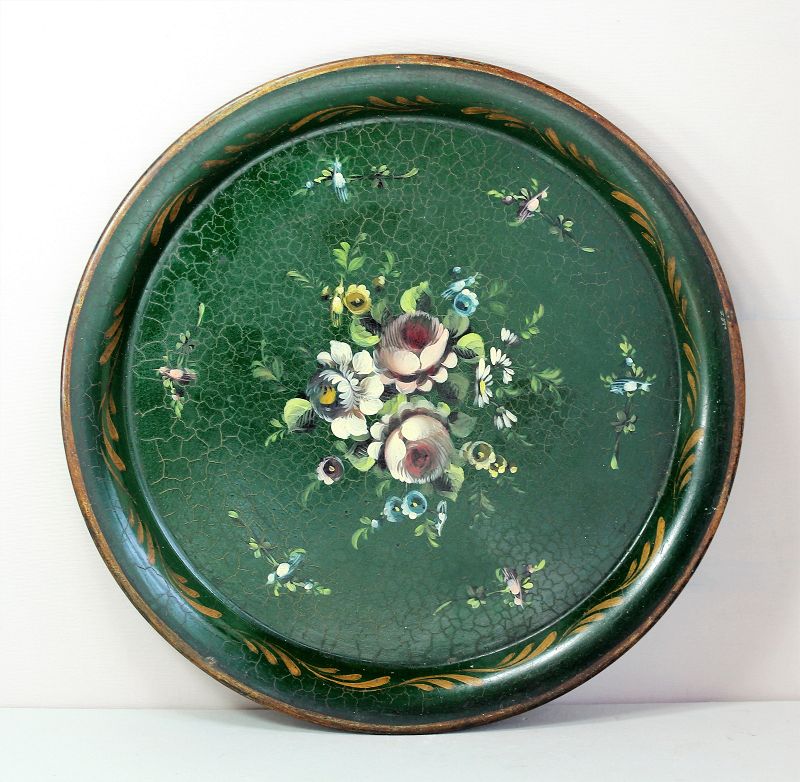 Green Tole Tray with floral decoration